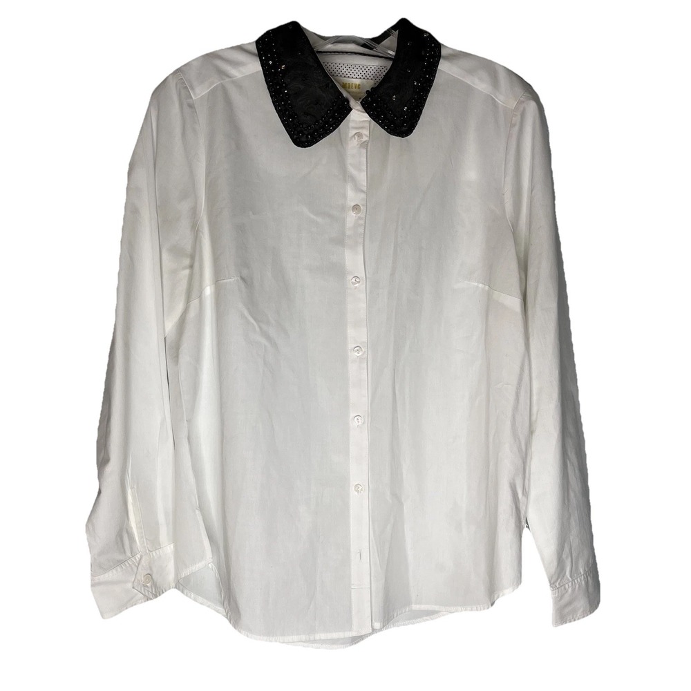 Maeve by Anthropologie White Button Up Blouse M Black Sequined Peter Pan Collar